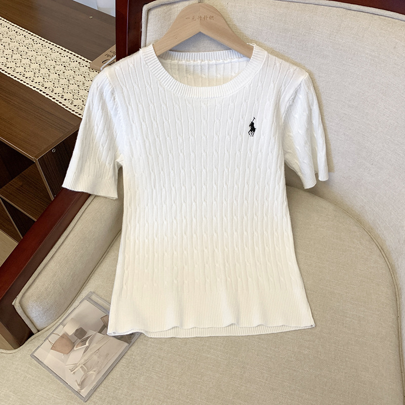 軟糯親膚小馬刺繡麻花針織衫百搭短袖