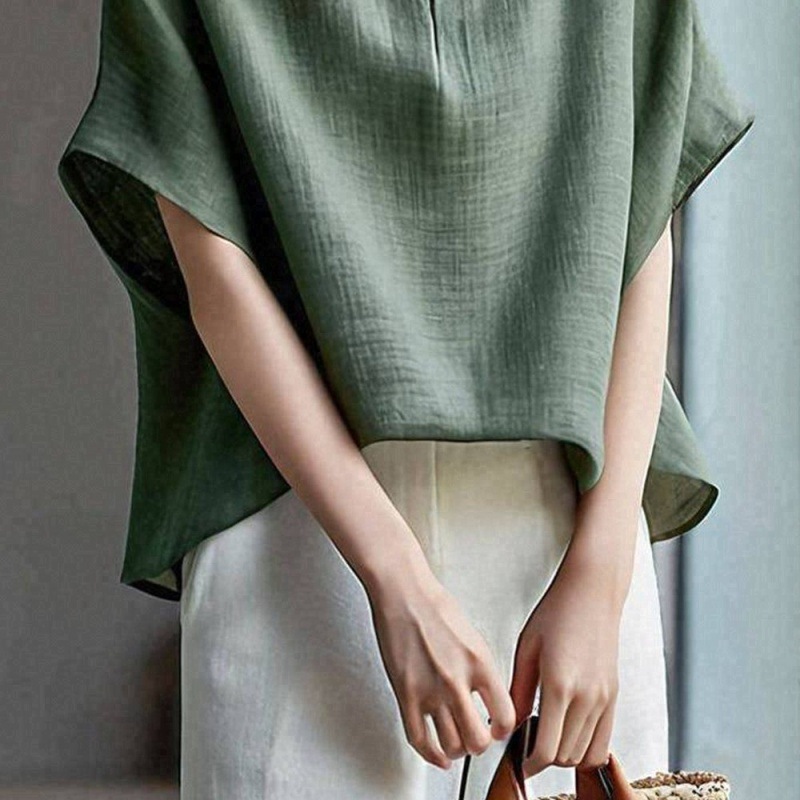 日系3色新款圓蝙蝠袖v領短袖-lululam