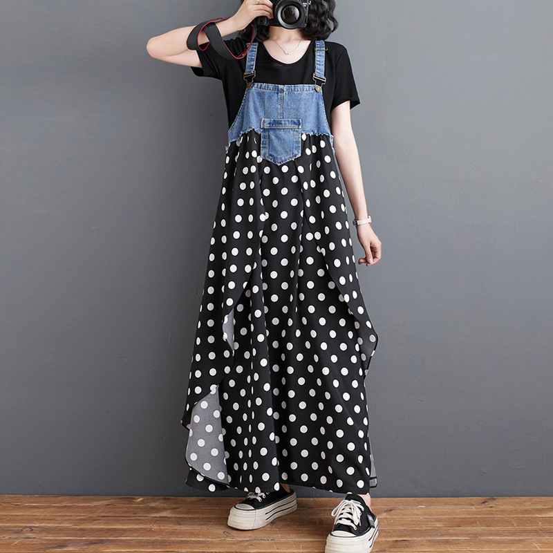 (10色)日系寬鬆設計感牛仔拼接印花背帶連身裙