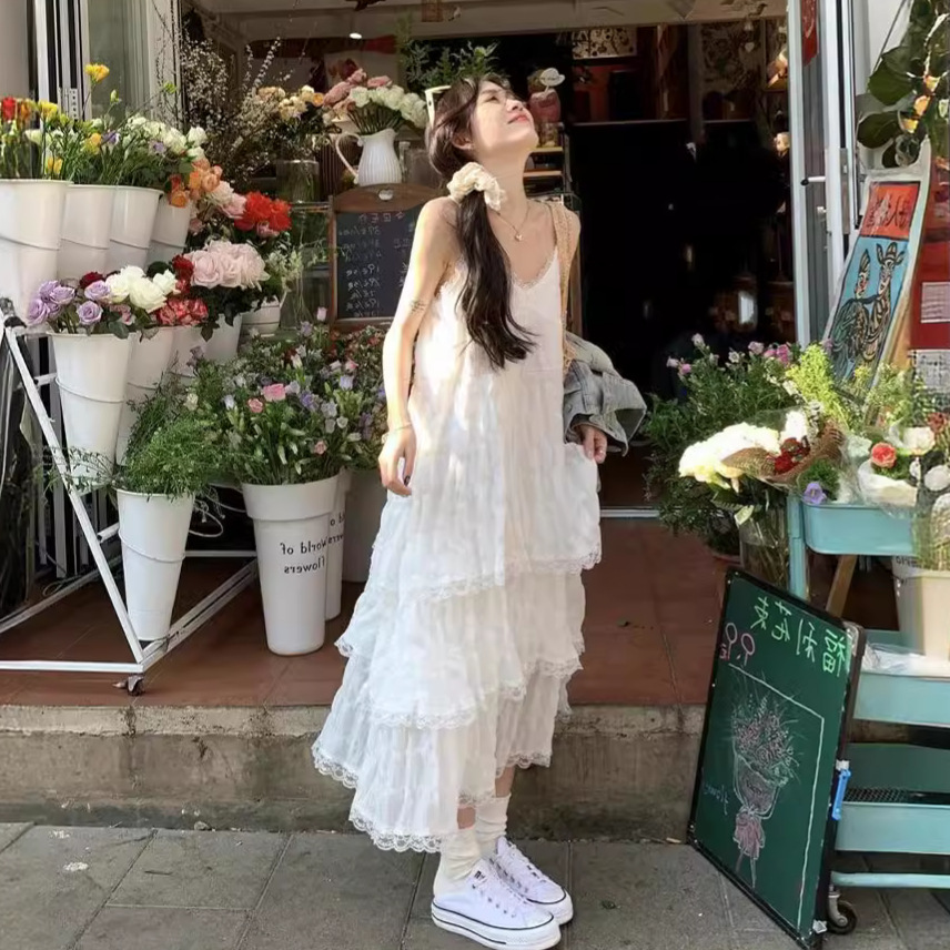 甜美減齡法式吊帶度假風寬鬆蛋糕裙洋裝