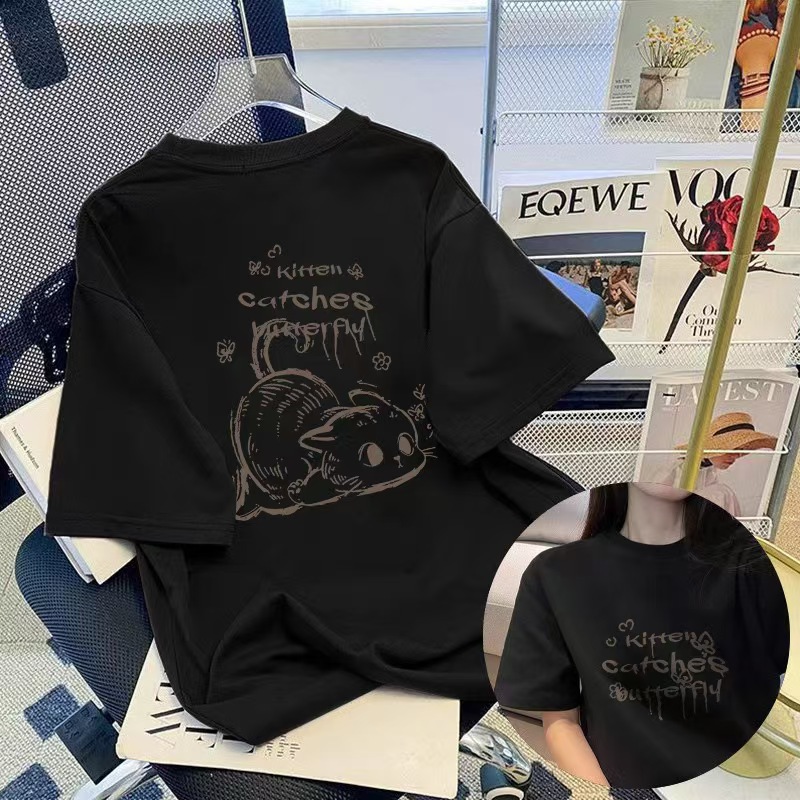 貓咪印花卡通可愛個性寬鬆透氣短袖T恤-lululam