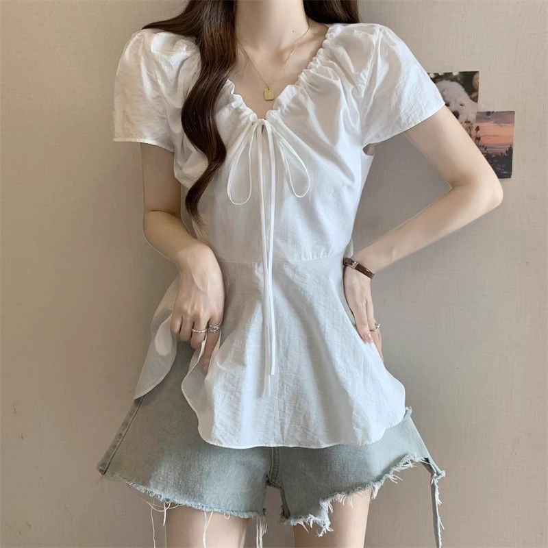 收腰顯瘦娃娃衫V領泡泡袖正肩短袖