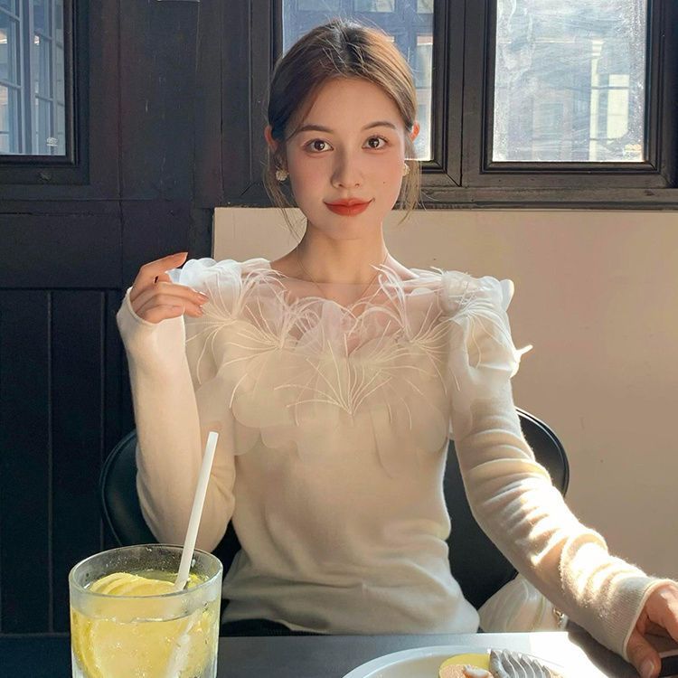 法式手工刺繡繁花網紗顯瘦針織衫