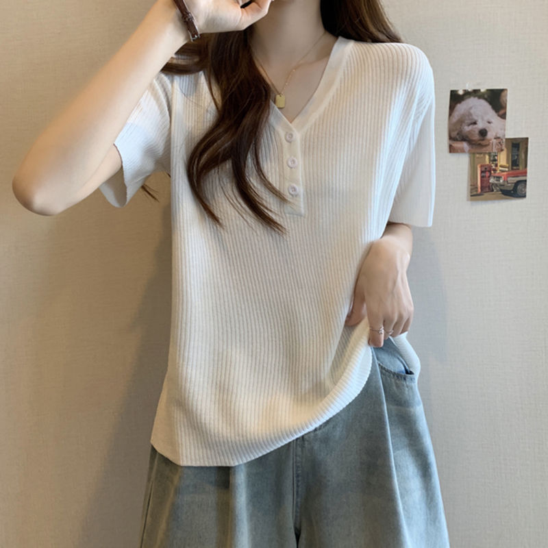 冰絲正肩寬鬆顯瘦遮肚子氣質V領短袖t恤-lululam