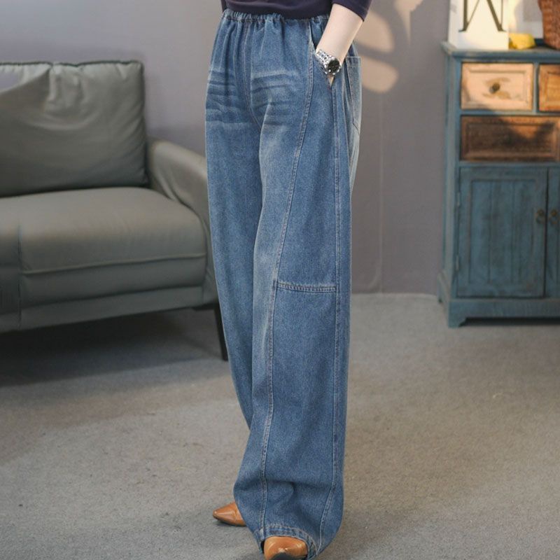美式彎刀闊腿高腰寬鬆顯瘦大碼拖地牛仔褲-lululam