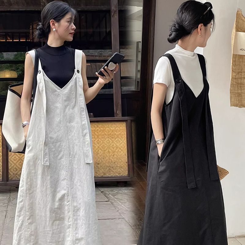 【單件】寬松休閑V領背帶裙+顯瘦打底衫兩件套