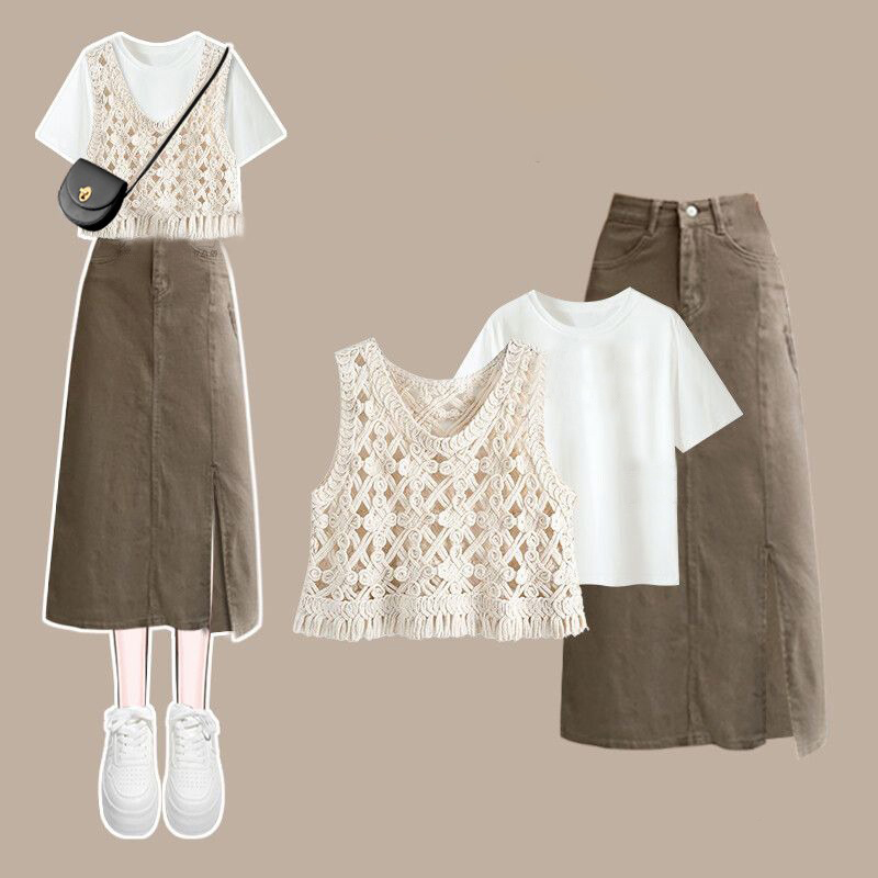 針織背心百搭T恤開叉牛仔半身裙三件套裝-lululam