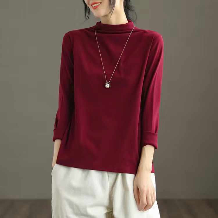 純棉半高領休閒寬鬆百搭文藝打底衫長袖T恤-lululam
