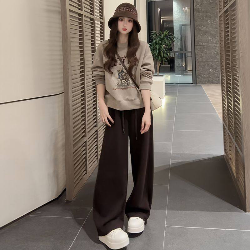 【單件/套裝】時髦印花圓領長袖+闊腿褲兩件套裝