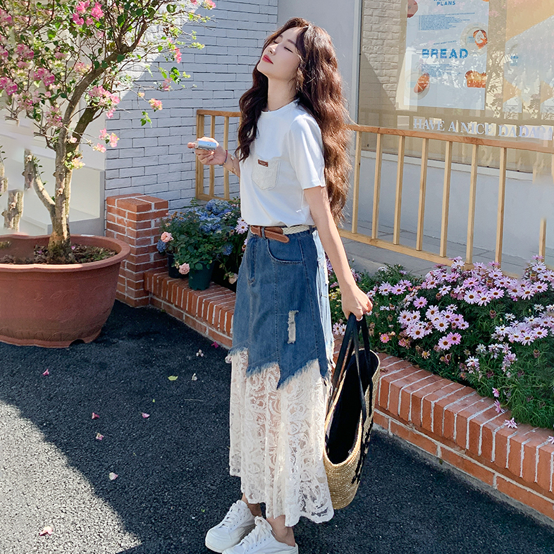 【單件/套裝】氣質流行短袖T恤+蕾絲拼接牛仔半身裙兩件套裝-lululam