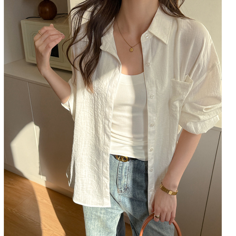 亞麻長袖薄款素色寬鬆防曬衣襯衫