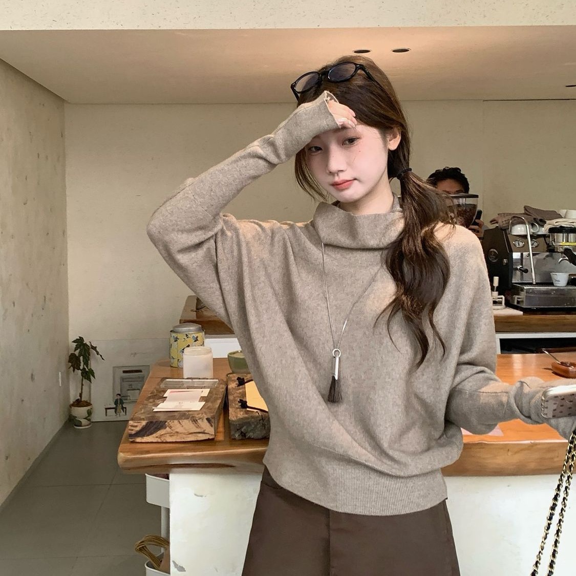 百搭高領蝙蝠袖收腰顯瘦打底針織衫