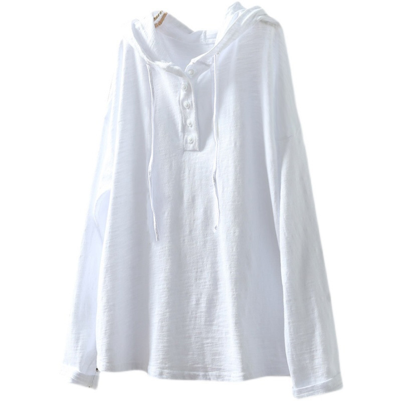 竹節棉連帽寬鬆休閑遮肉套頭長袖T恤-lululam