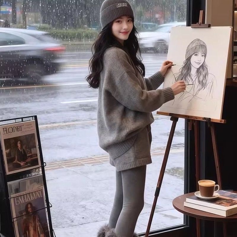 【整套】韓系慵懶針織年輕氣質寬鬆灰色毛衣+時尚高腰短褲兩件套裝