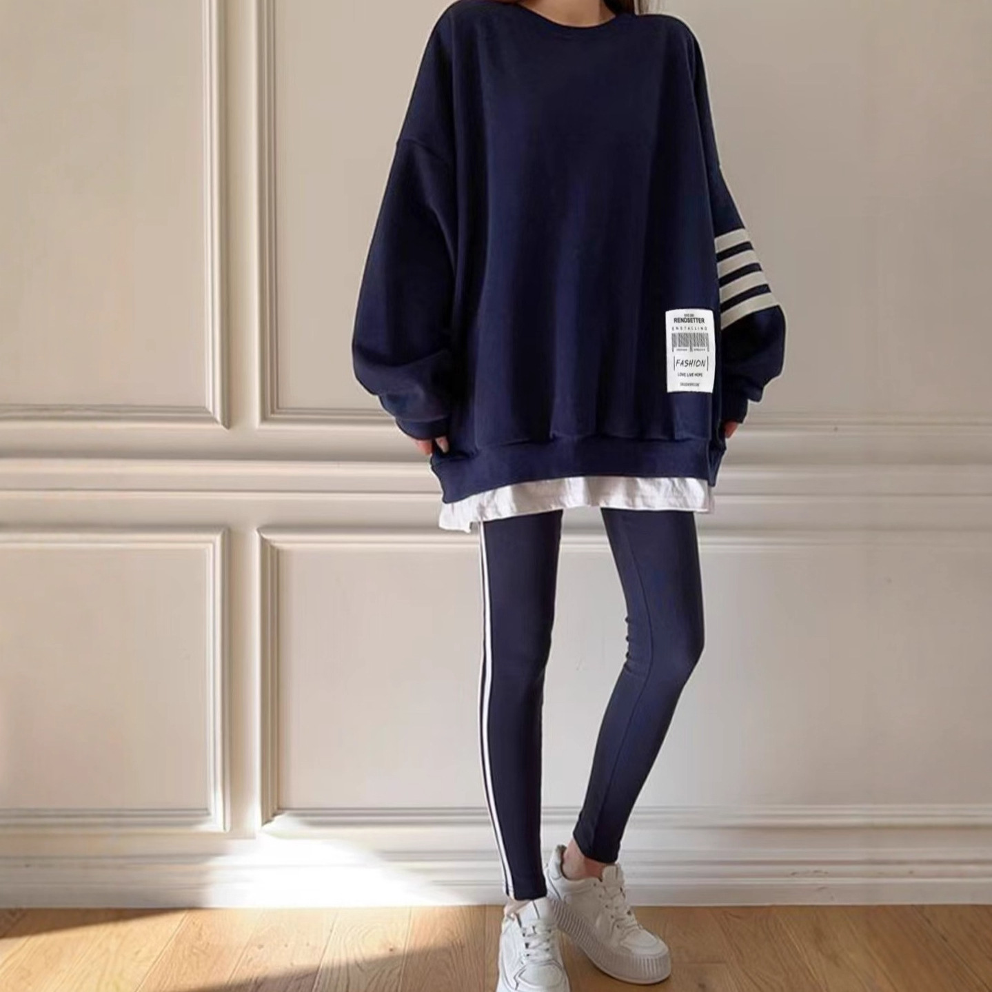 日韓假兩件寬鬆休閒顯瘦貼標長袖T恤