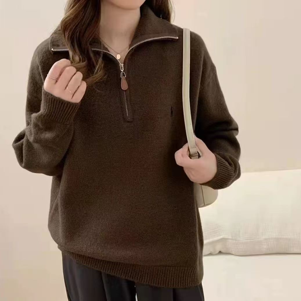 小馬刺繡半拉鏈翻領寬鬆百搭針織衫