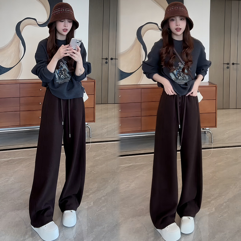 【單件/套裝】時髦印花圓領長袖+闊腿褲兩件套裝