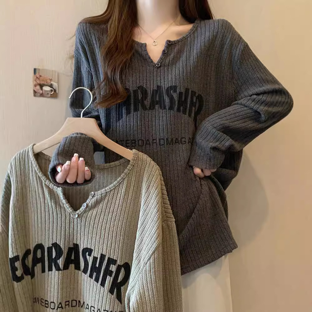 字母印花大碼寬鬆顯瘦休閒長袖T恤