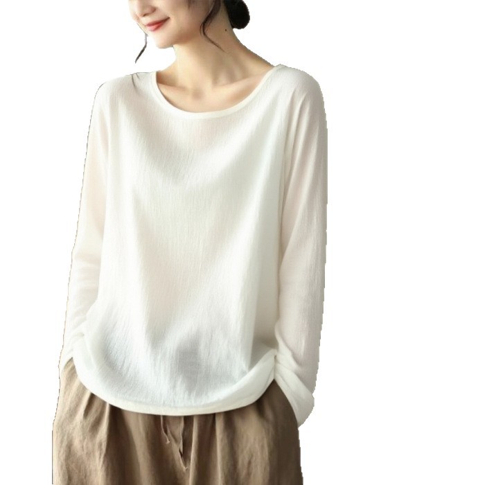 薄款內搭棉麻寬鬆休閒慵懶風長袖T恤-lululam