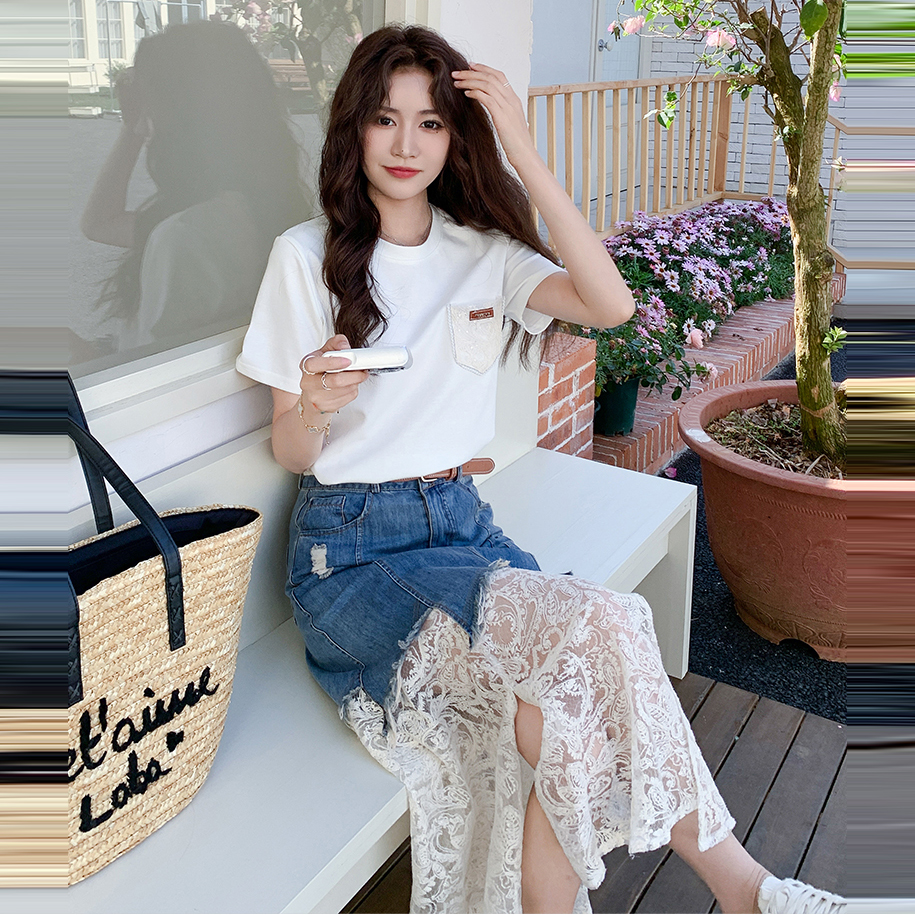 【單件/套裝】氣質流行短袖T恤+蕾絲拼接牛仔半身裙兩件套裝-lululam