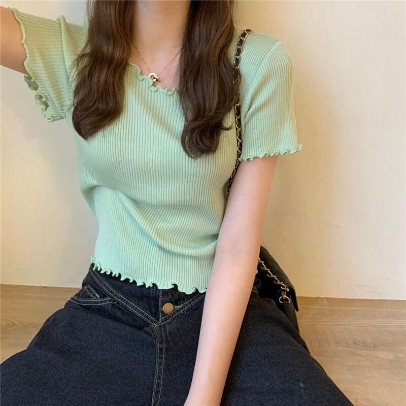 修身高腰短款時尚木耳邊素色短袖T恤-lululam