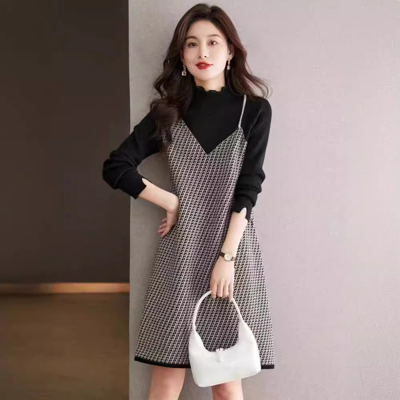 千鳥格內搭針織中長打底裙法式洋裝