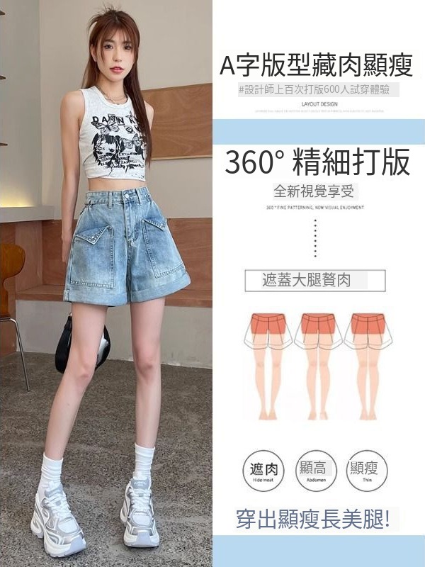冰藍卷邊高腰翻邊口袋設計寬鬆闊腿中褲 商品圖 3