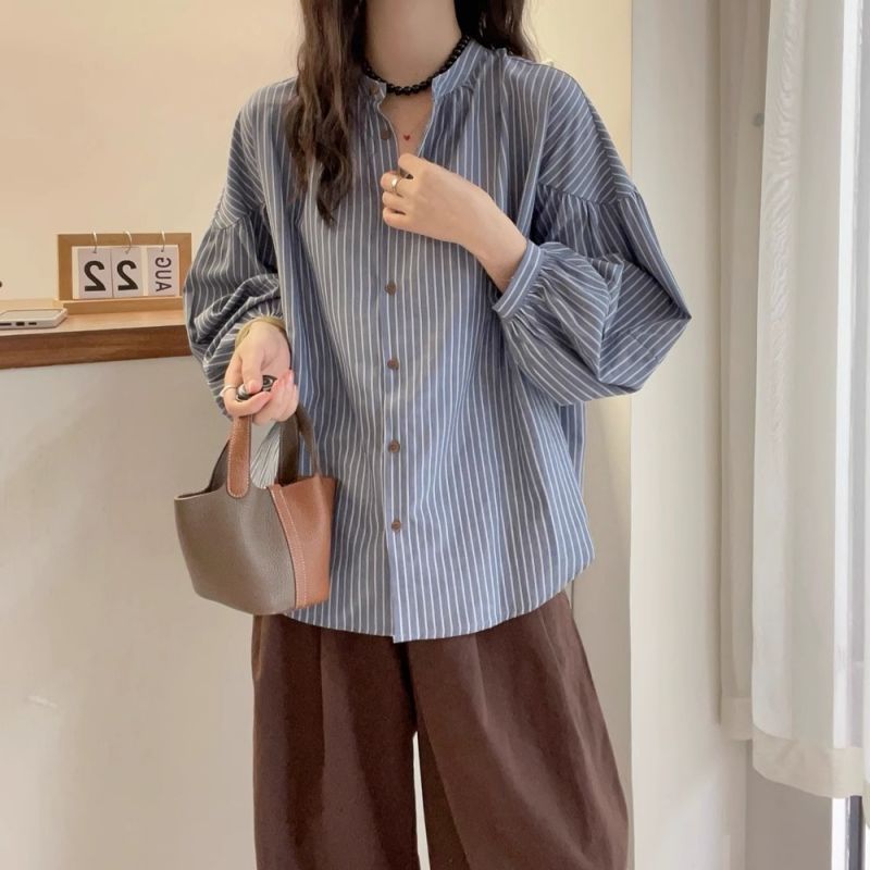 條紋燈籠袖顯瘦日系小立領寬鬆襯衫