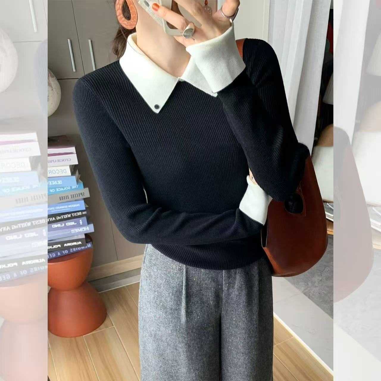 復古翻領拼接撞色內搭顯瘦修身針織毛衣