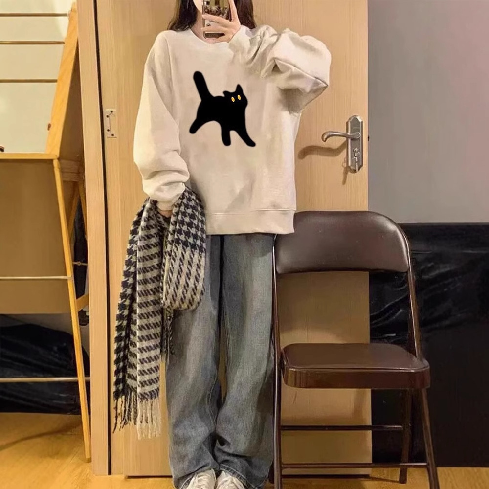 韓系卡通貓咪印花休閒圓領長袖T恤