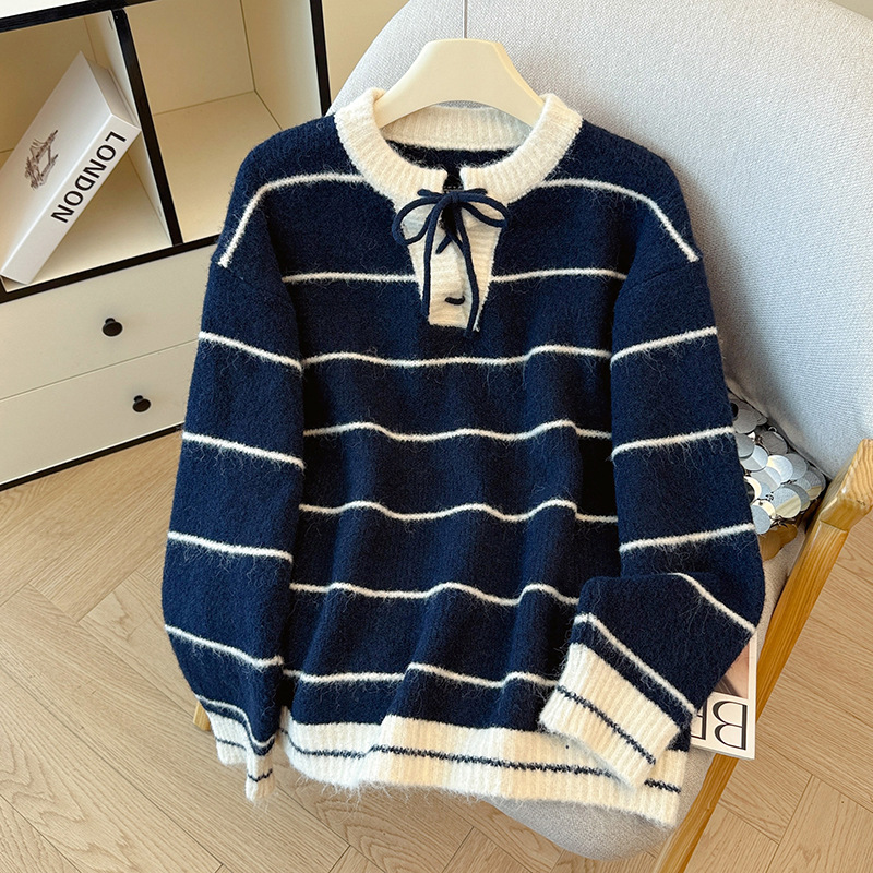 條紋套頭系帶開領高級感撞色針織衫