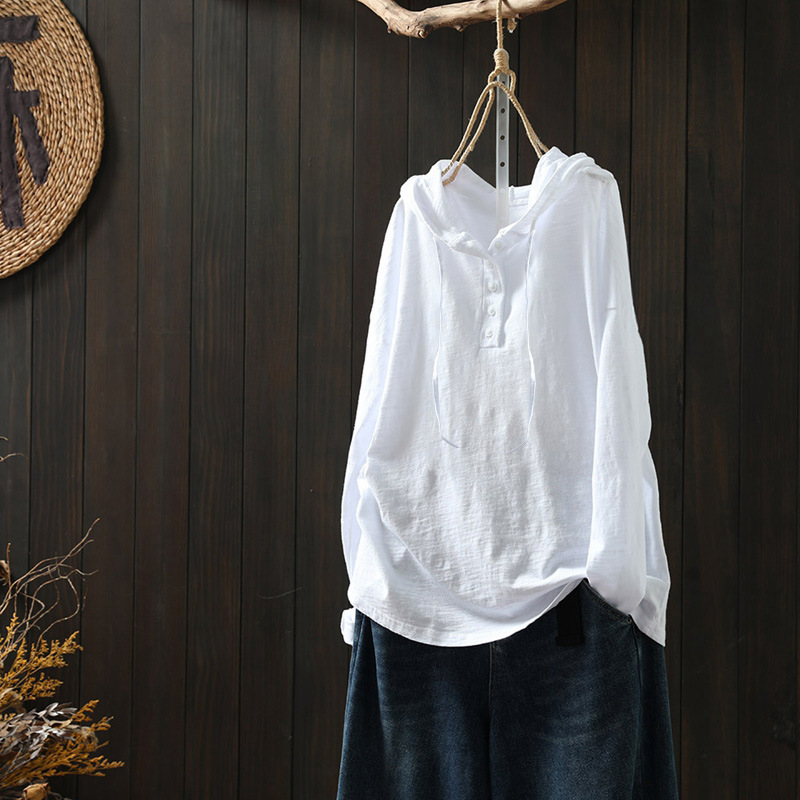 竹節棉連帽寬鬆休閑遮肉套頭長袖T恤-lululam