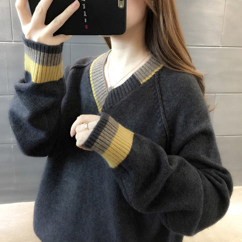 韓版寬鬆顯瘦套頭撞色v領針織衫