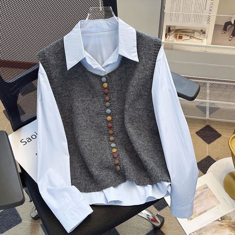 【單件/套裝】彩虹紐扣針織馬甲+通勤遮肉長袖襯衫兩件套-lululam