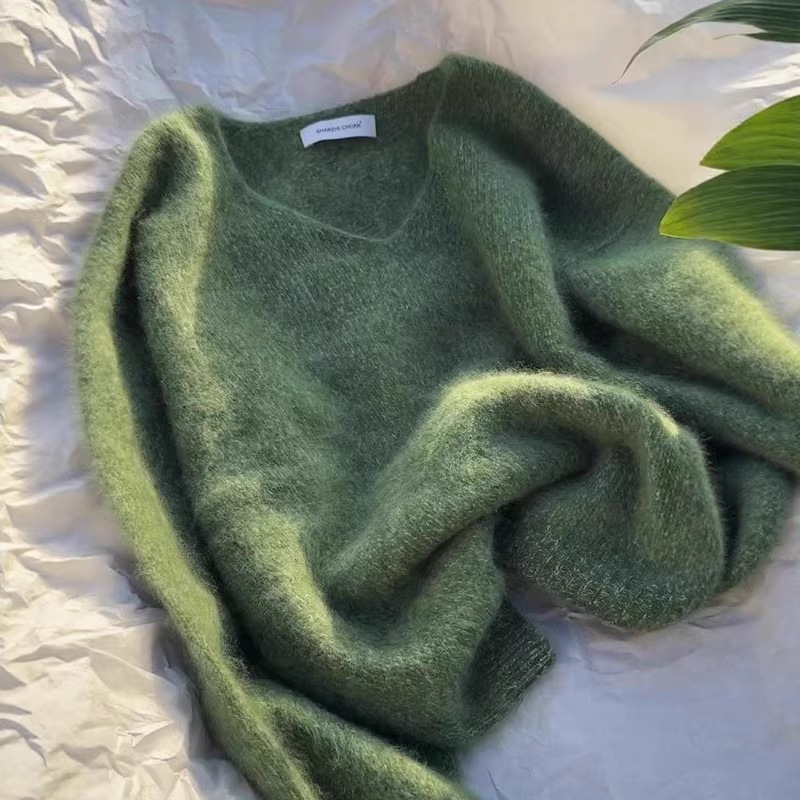 高級感減齡花紗寬鬆大碼V領針織衫