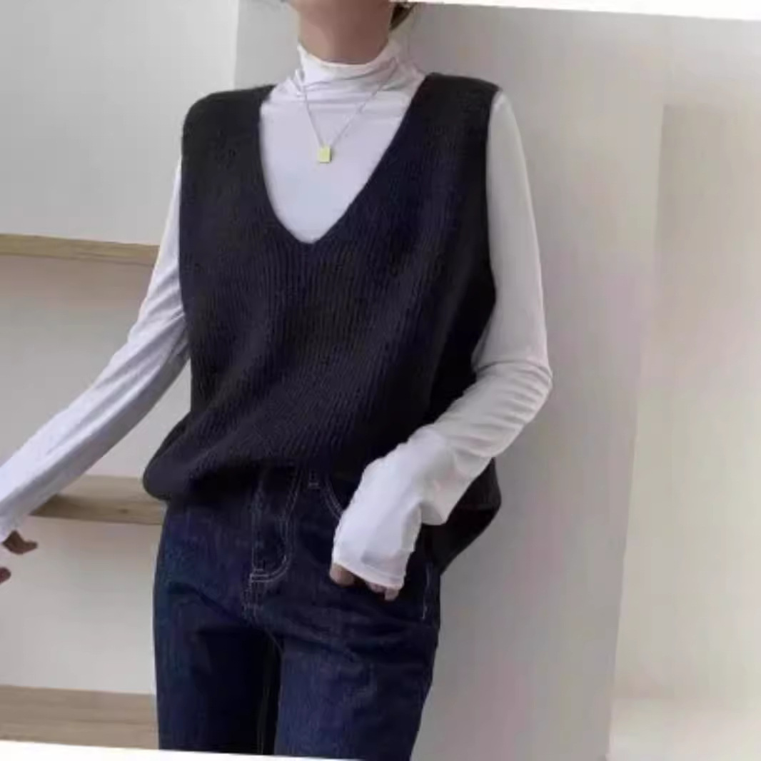 V領純色百搭寬鬆顯瘦針織無袖馬甲-lululam