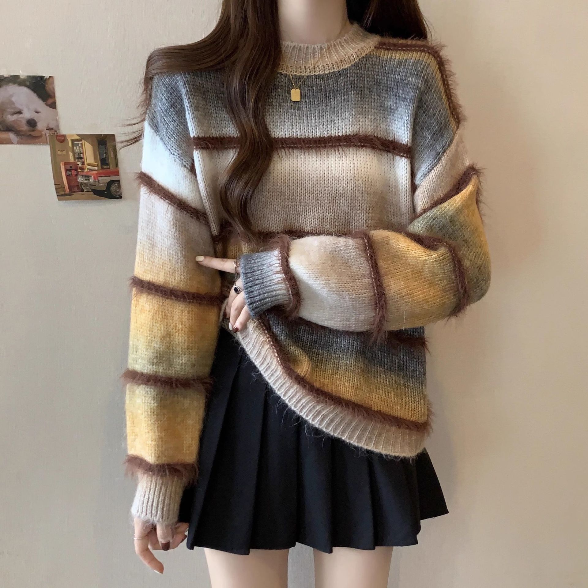 美拉德漸變條紋毛衣顯瘦軟糯針織衫