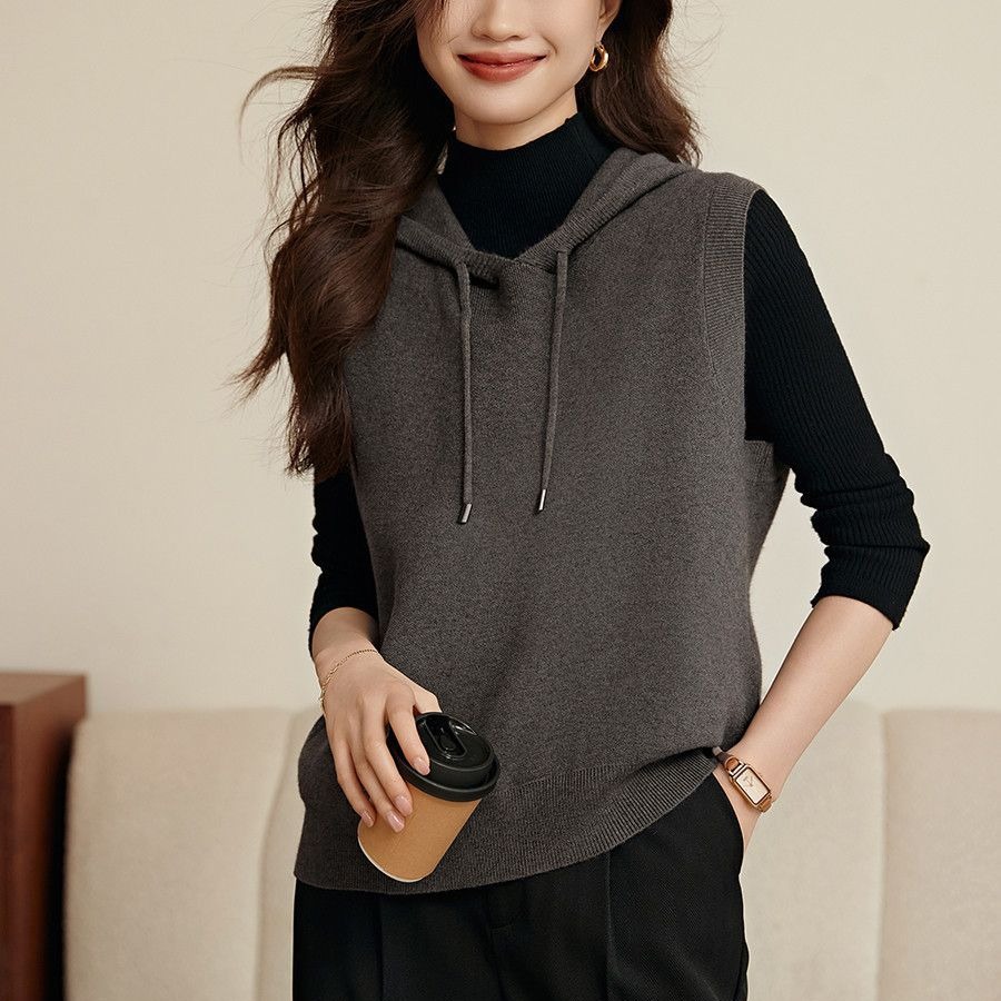 洋氣休閒經典百搭針織連帽背心馬甲-lululam