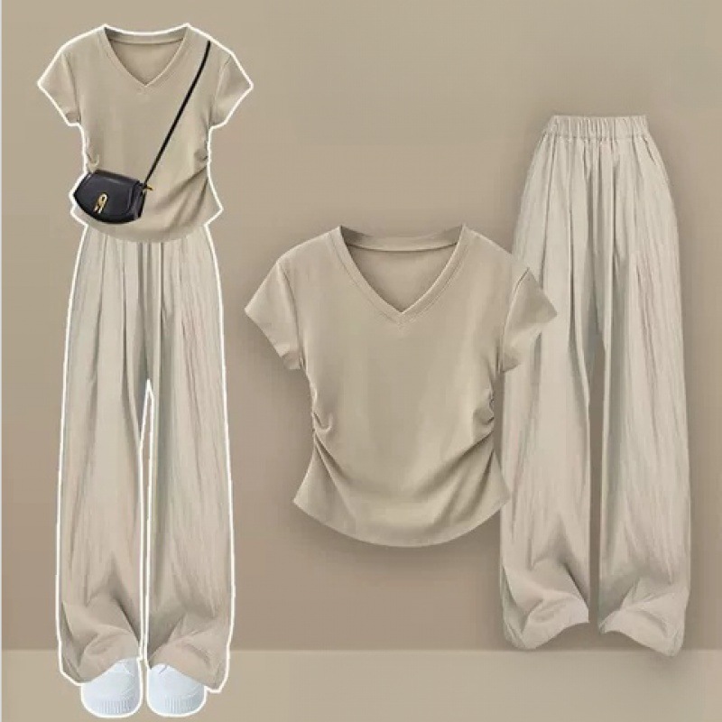 休閒寬鬆辣妹顯瘦短袖休閒褲兩件套-lululam