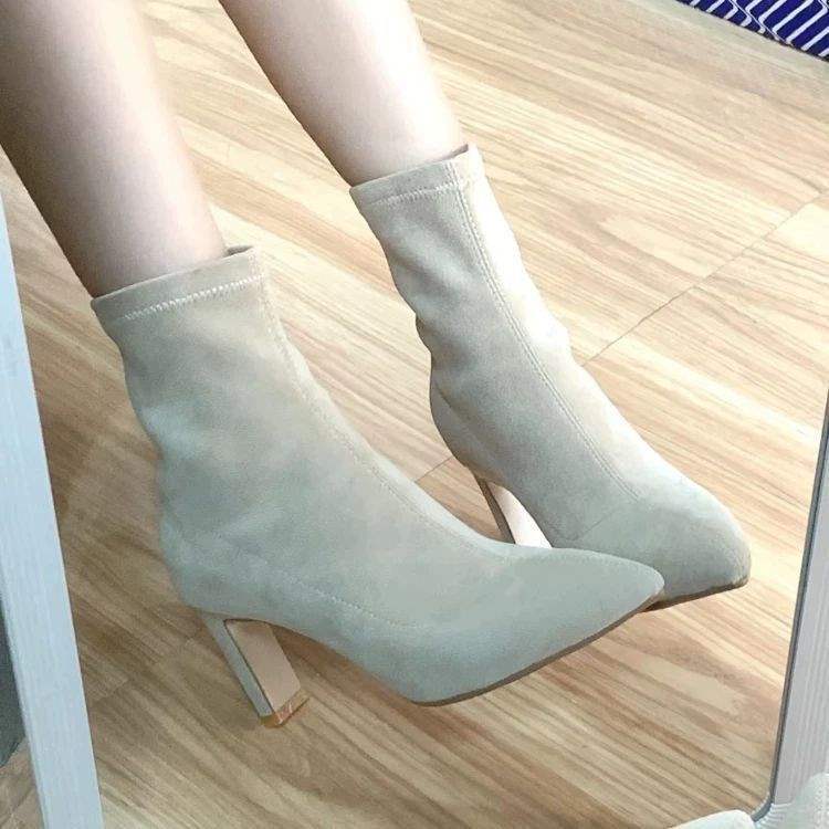 尖頭百搭粗跟絨面短靴高跟靴