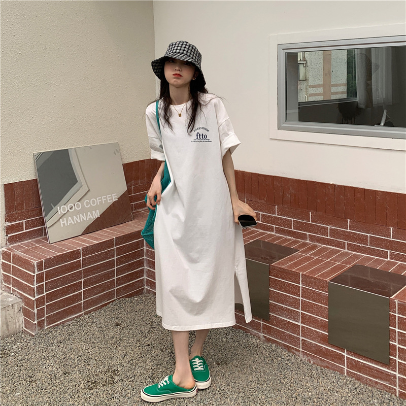 純棉bf風寬鬆休閑中長款大碼過膝連身裙-lululam
