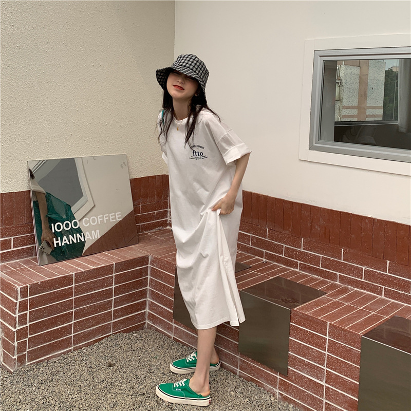 純棉bf風寬鬆休閑中長款大碼過膝連身裙-lululam