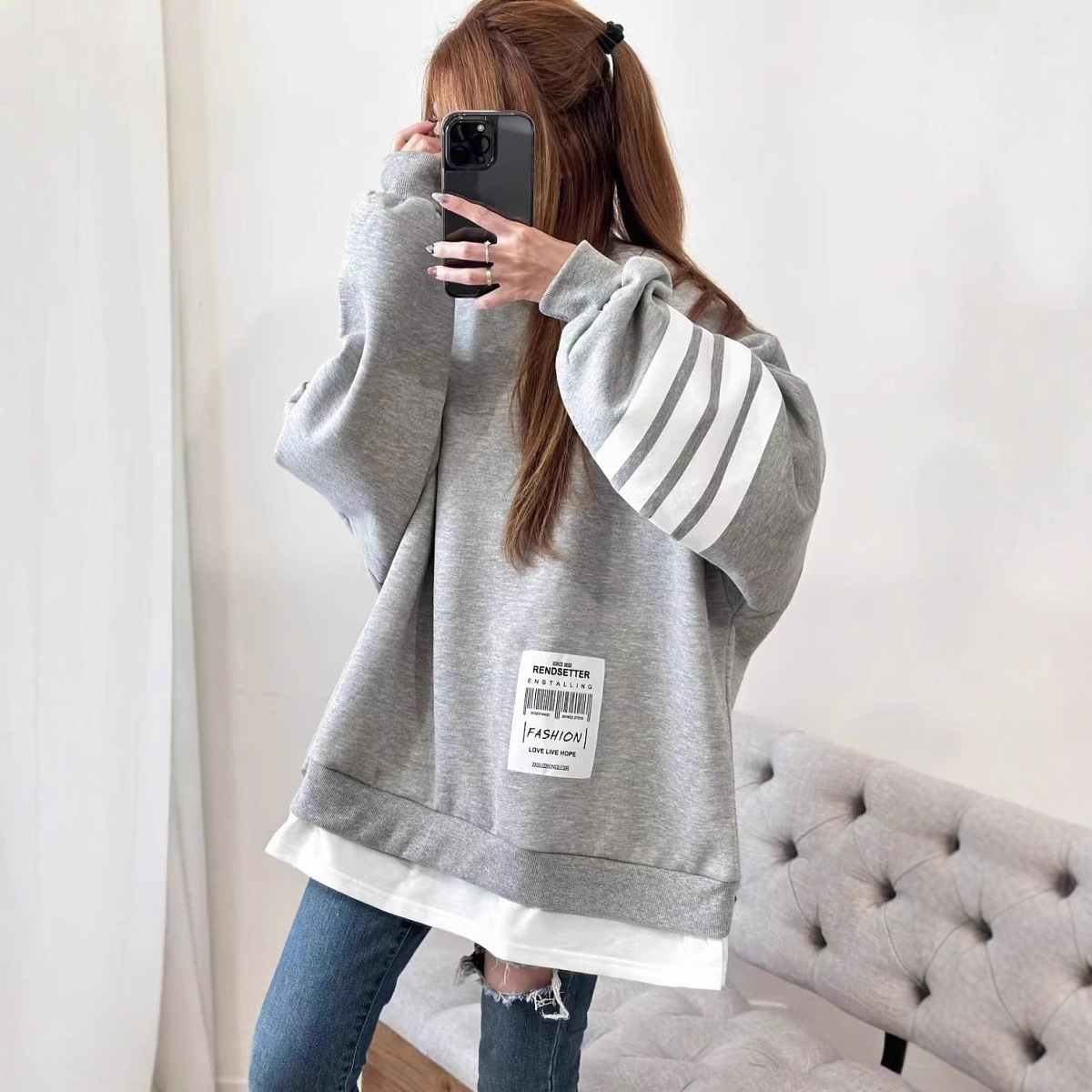 日韓假兩件寬鬆休閒顯瘦貼標長袖T恤