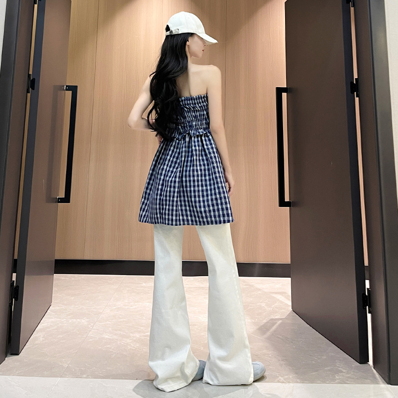 甜美格子褶皺抹胸&半身裙兩穿設計顯瘦休閒慵懶半身裙