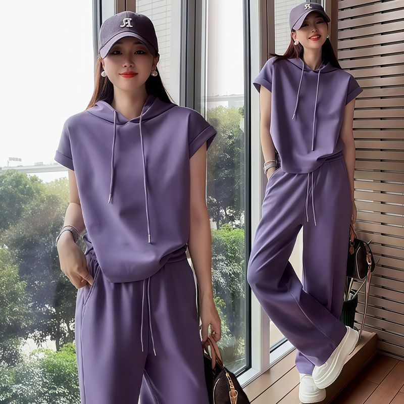 【套裝】休閒時尚寬鬆連帽短袖闊腿褲兩件套裝