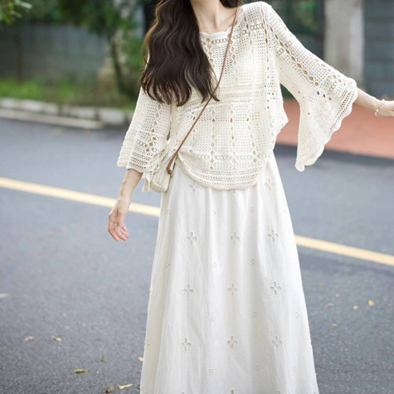 【單件/整套】溫柔小清新闊袖鏤空上衣半身長裙兩件套裝