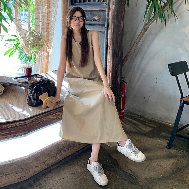 無袖寬鬆度假大口袋休閒卡其A字長版洋裝