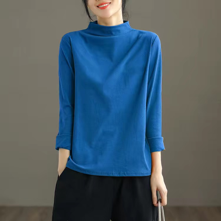 純棉半高領休閒寬鬆百搭文藝打底衫長袖T恤-lululam