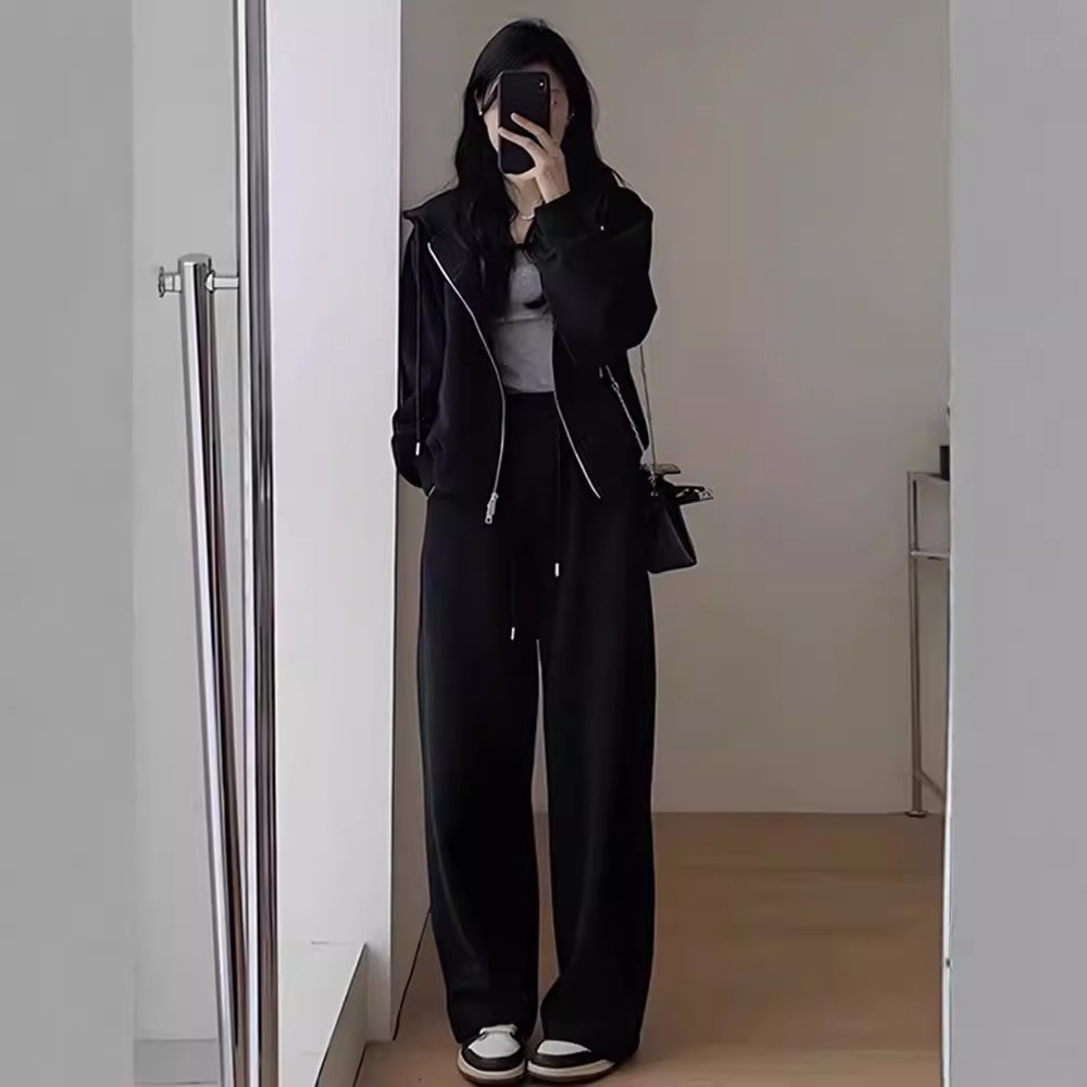 【整套】連帽衛衣顯瘦減齡闊腿褲兩件套裝