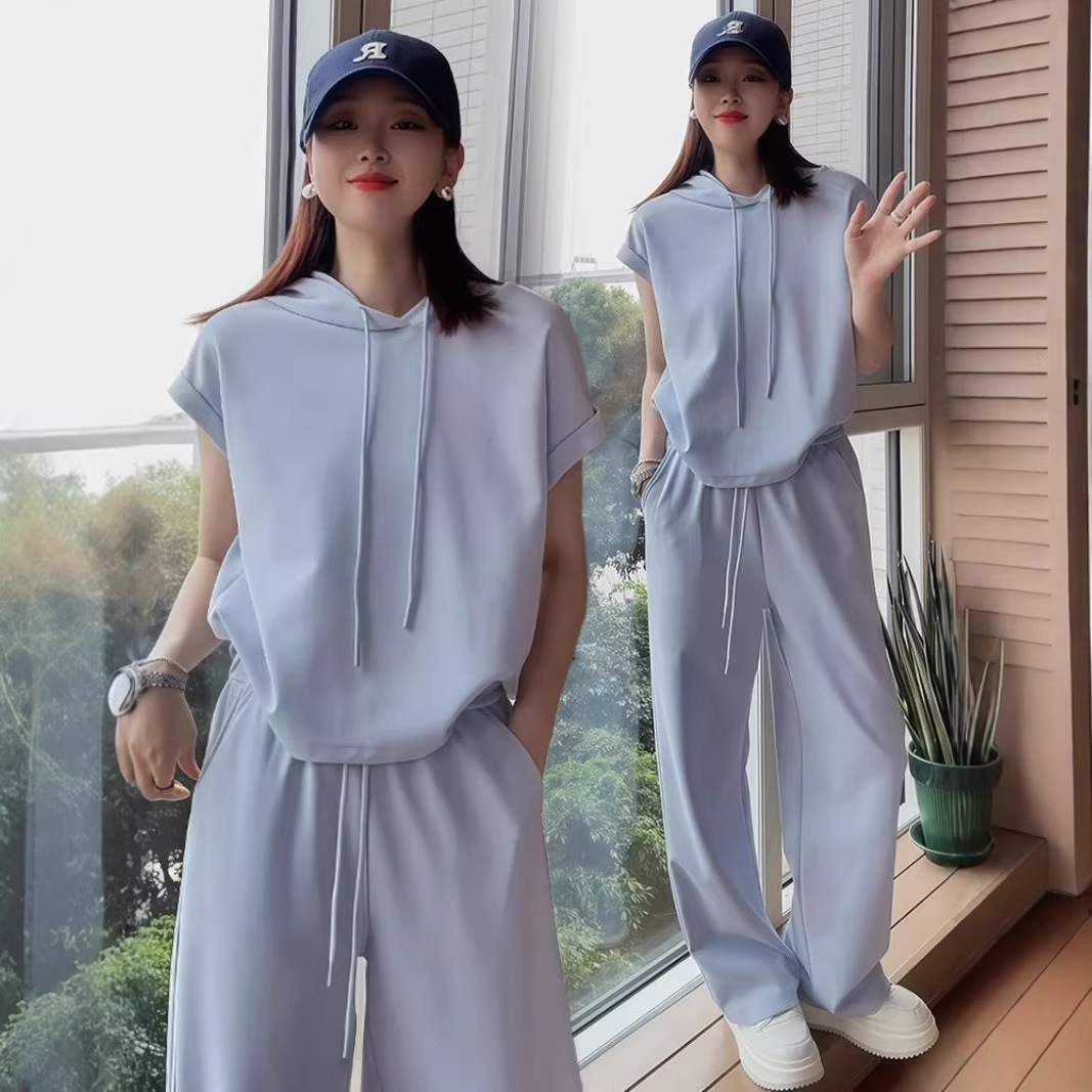 【套裝】休閒時尚寬鬆連帽短袖闊腿褲兩件套裝